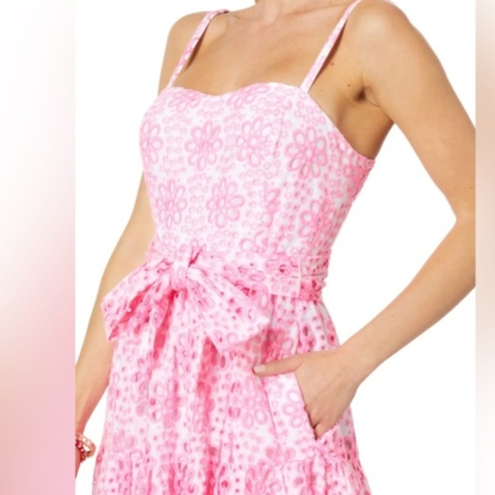 Lilly Pulitzer Edith Eyelet Midi Dress Soleil Pink Funflower Eyelet Size 10 - Picture 3 of 5